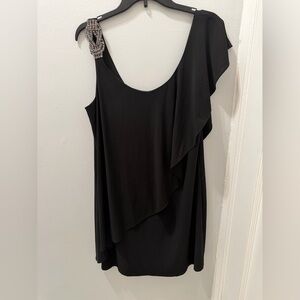 Betsy & Adam Black One-Shoulder Ruffle Dress with Jeweled Accent